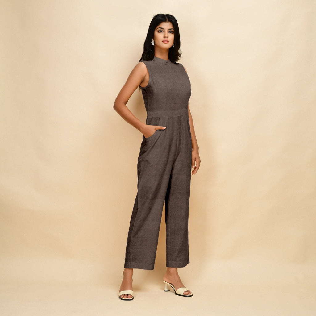 Brown Cotton Linen Sleeveless Princess Line Jumpsuit