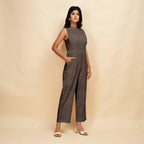 Brown Cotton Linen Sleeveless Princess Line Jumpsuit