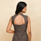 Brown Cotton Linen Sleeveless Princess Line Jumpsuit