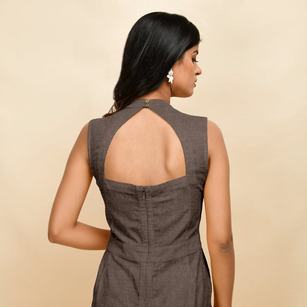 Brown Cotton Linen Sleeveless Princess Line Jumpsuit