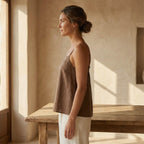 Brown Cotton-Linen Spaghetti Strap Top with Elastic Gathered Back