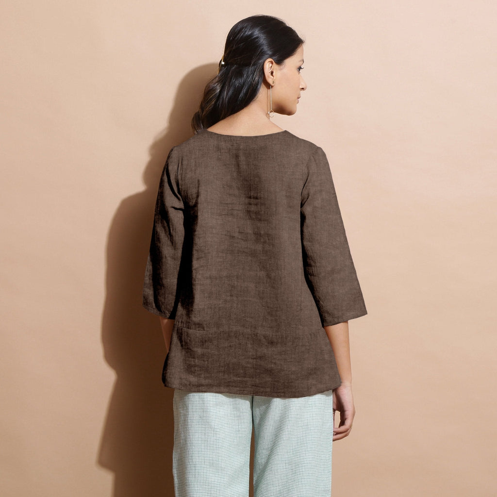Brown Cotton Linen Split-Neck Tunic Top