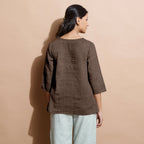 Brown Cotton Linen Split-Neck Tunic Top