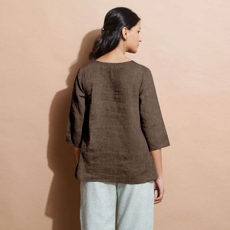 Brown Cotton Linen Split-Neck Tunic Top