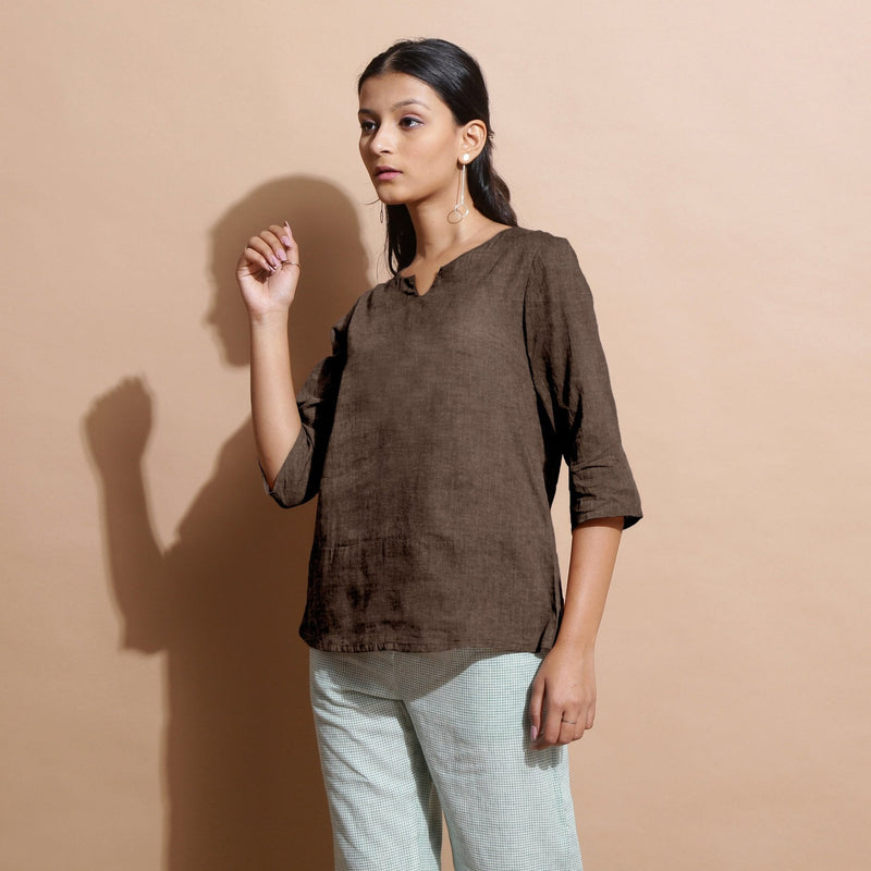 Brown Cotton Linen Split-Neck Tunic Top