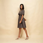 Brown Cotton Linen V-Neck Knee Length Blouson Dress