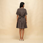 Brown Cotton Linen V-Neck Knee Length Blouson Dress