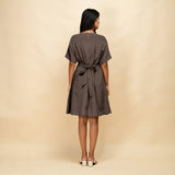 Brown Cotton Linen V-Neck Knee Length Blouson Dress