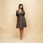 Brown Cotton Linen V-Neck Knee Length Blouson Dress