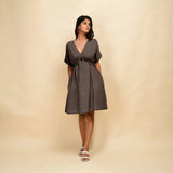 Brown Cotton Linen V-Neck Knee Length Blouson Dress