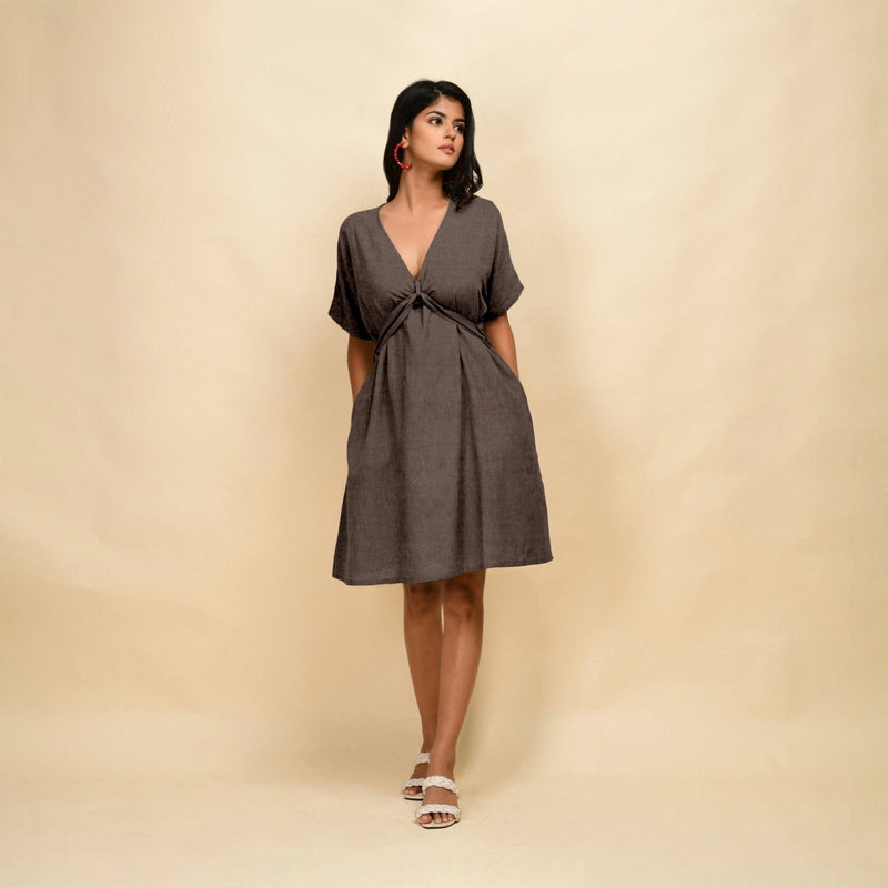 Brown Cotton Linen V-Neck Knee Length Blouson Dress