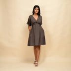 Brown Cotton Linen V-Neck Knee Length Blouson Dress
