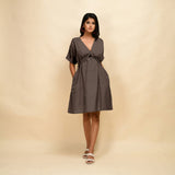 Brown Cotton Linen V-Neck Knee Length Blouson Dress