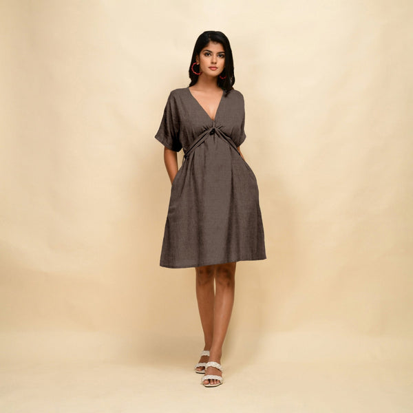 Brown Cotton Linen V-Neck Knee Length Blouson Dress
