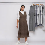 Brown Cotton Linen V-Neck Midi Pinafore Dress