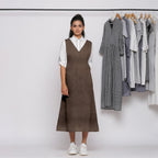 Brown Cotton Linen V-Neck Midi Pinafore Dress