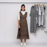 Brown Cotton Linen V-Neck Midi Pinafore Dress