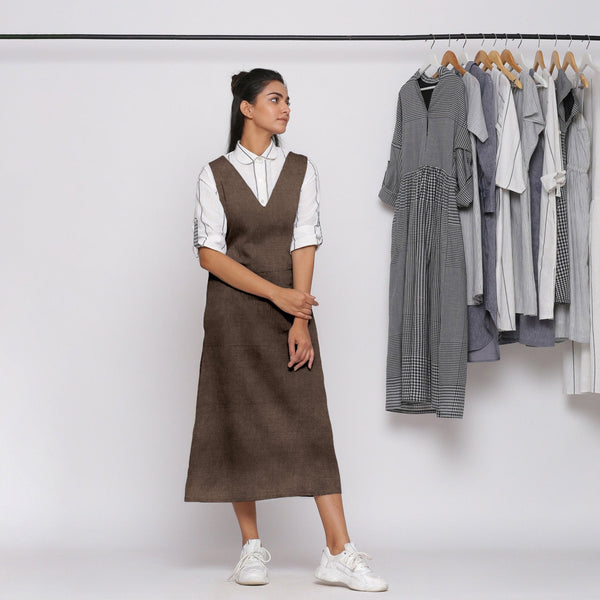 Brown Cotton Linen V-Neck Midi Pinafore Dress