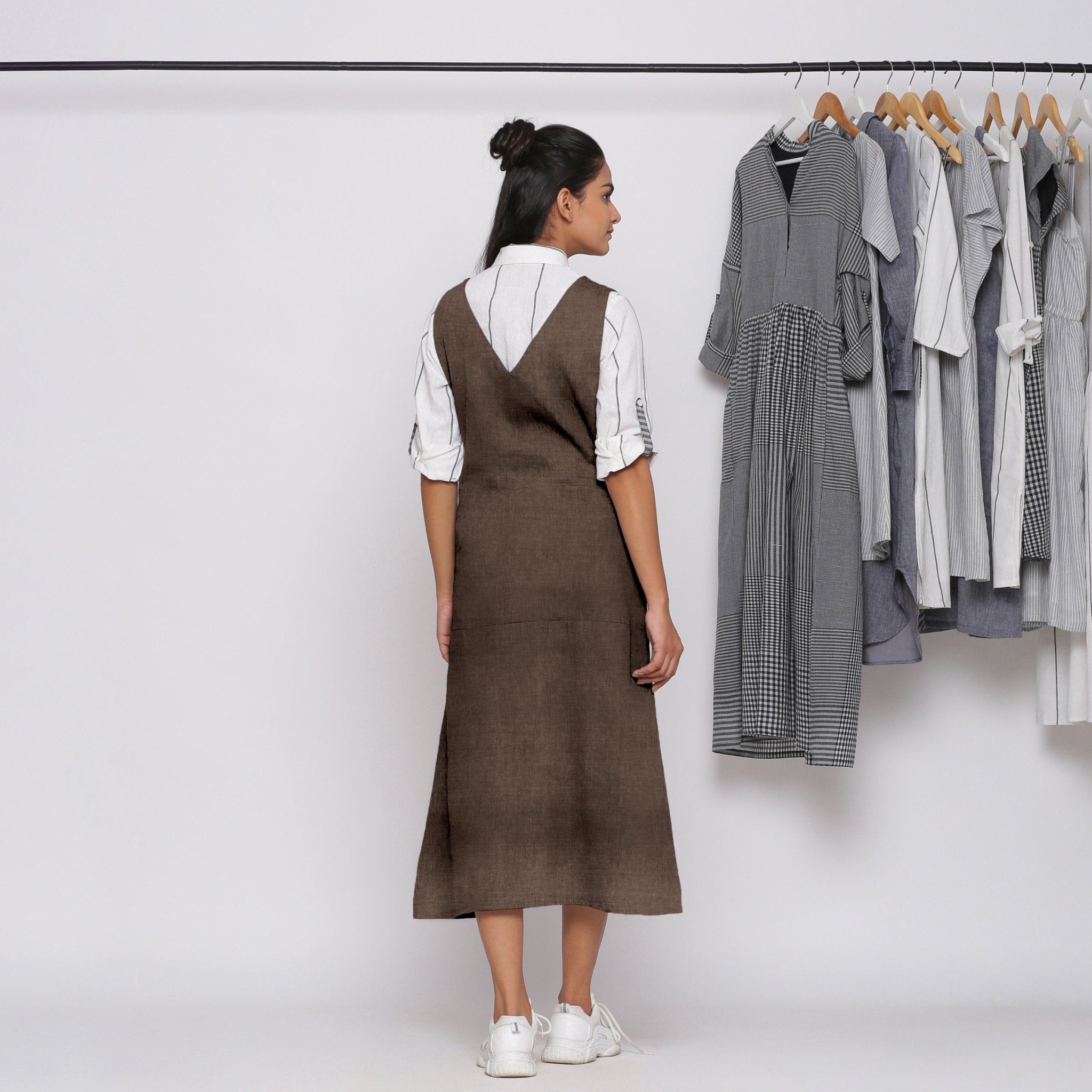Brown Cotton Linen V-Neck Midi Pinafore Dress