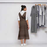 Brown Cotton Linen V-Neck Midi Pinafore Dress