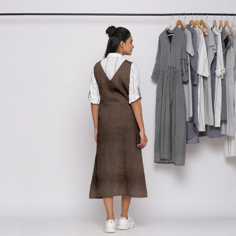 Brown Cotton Linen V-Neck Midi Pinafore Dress