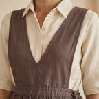 Brown Cotton-Linen V-Neck Pinafore Midi Wrap Dress