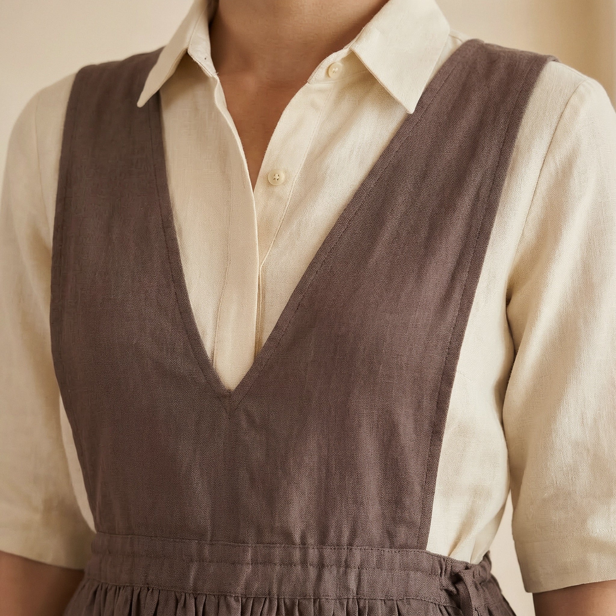 Brown Cotton-Linen V-Neck Pinafore Midi Wrap Dress