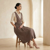 Brown Cotton-Linen V-Neck Pinafore Midi Wrap Dress
