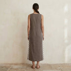 Brown Cotton Linen Wavy Stripe Maxi Shift Dress