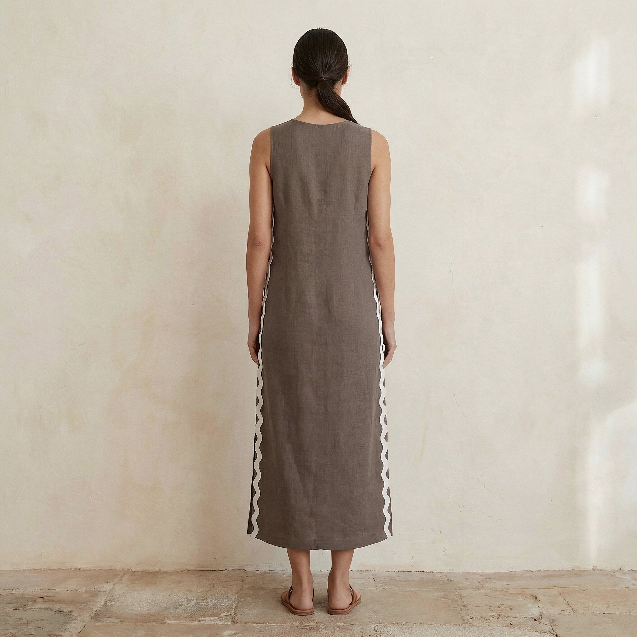 Brown Cotton Linen Wavy Stripe Maxi Shift Dress