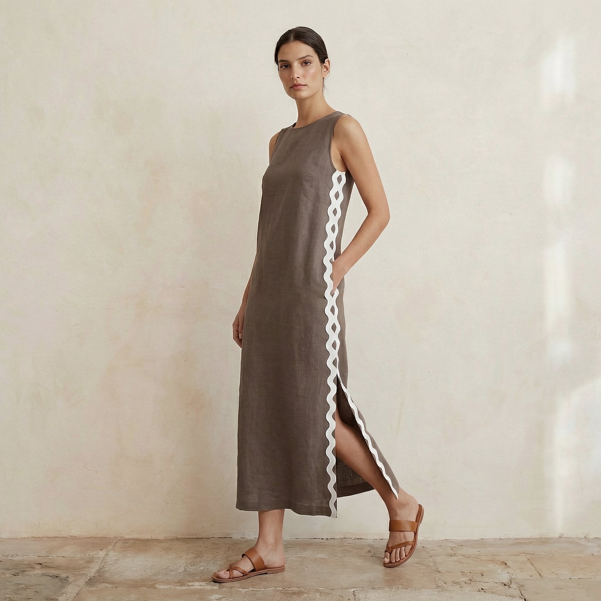 Brown Cotton Linen Wavy Stripe Maxi Shift Dress
