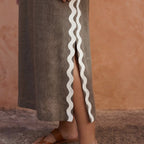 Brown Cotton Linen Wavy Stripe Maxi Shift Dress