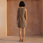 Brown Cotton Linen Wavy Stripe Short Shift Dress