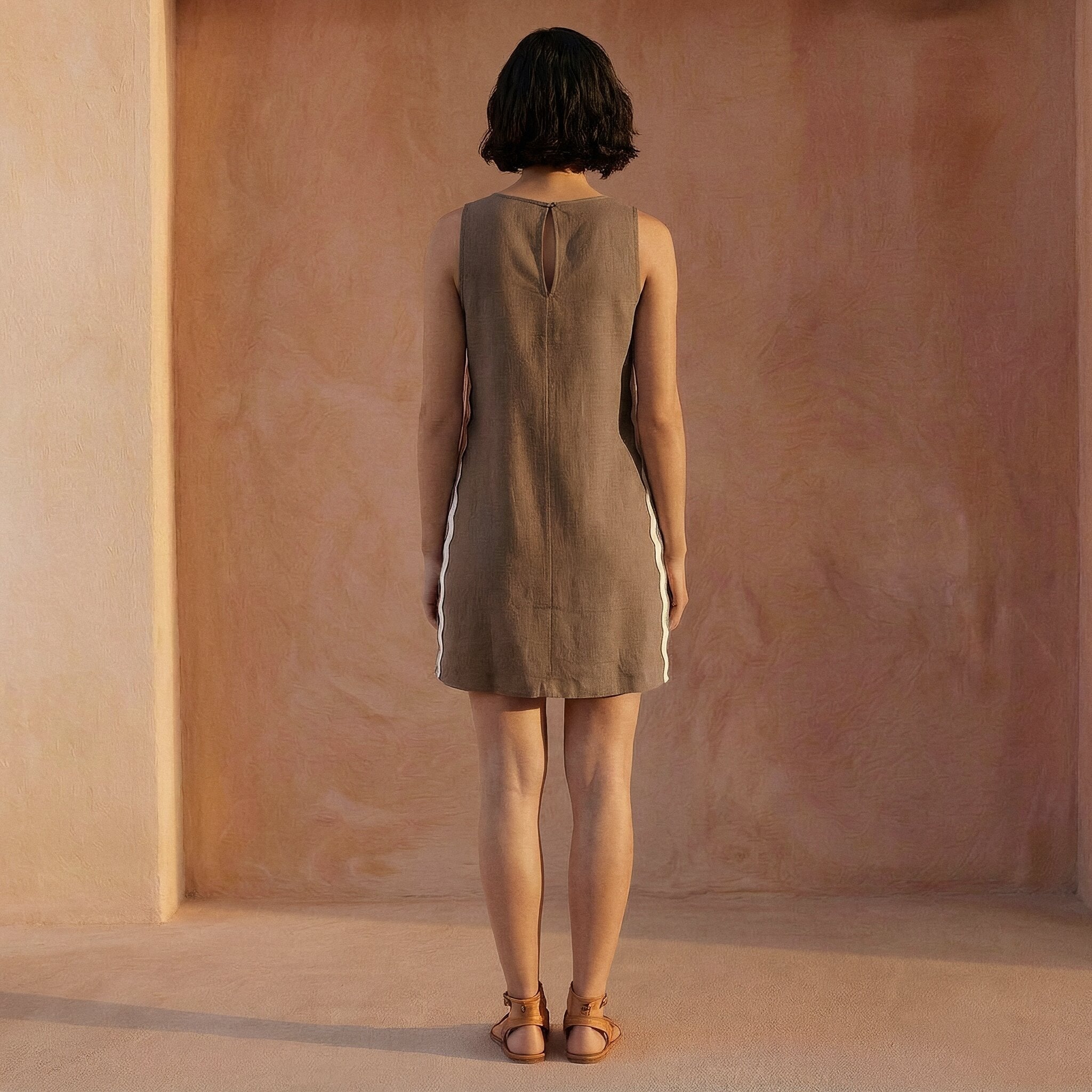 Brown Cotton Linen Wavy Stripe Short Shift Dress