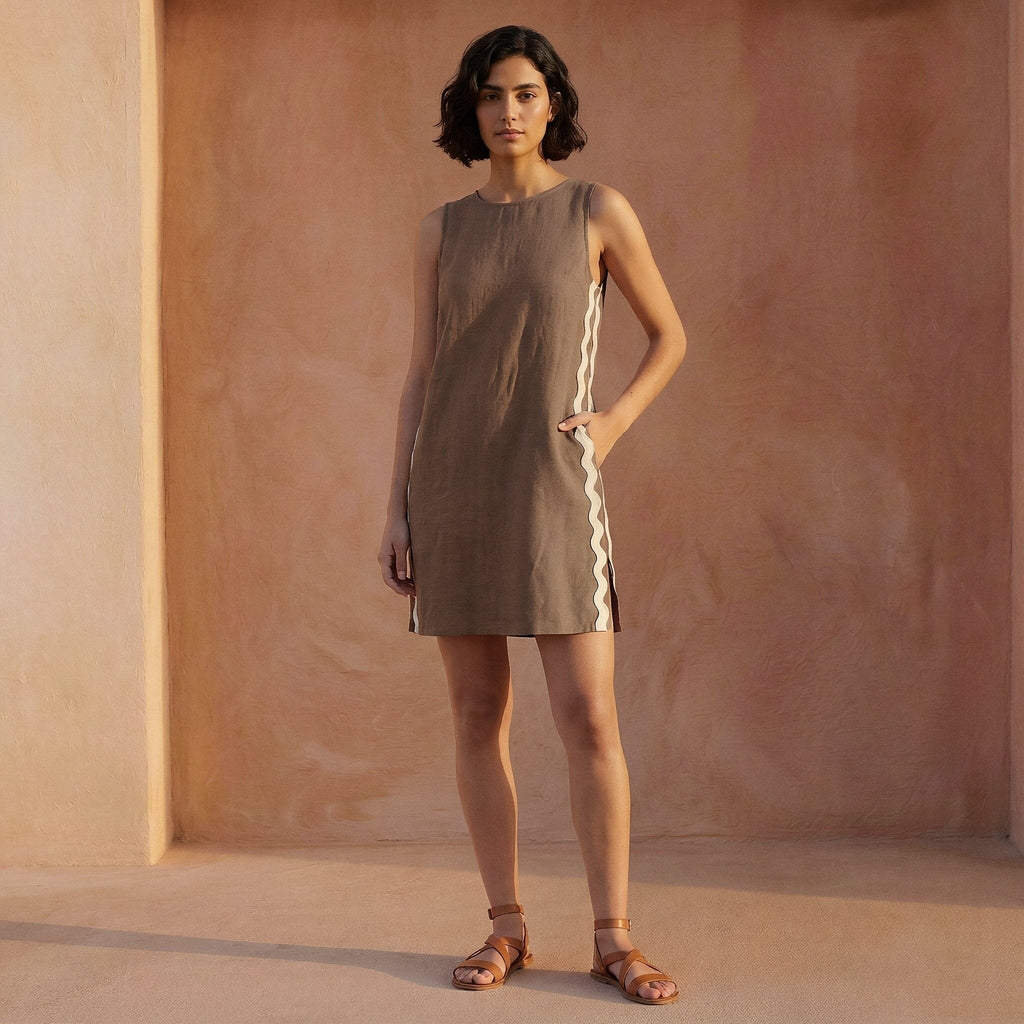 Brown Cotton Linen Wavy Stripe Short Shift Dress