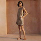Brown Cotton Linen Wavy Stripe Short Shift Dress
