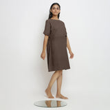 Brown Cotton Linen Yoked Knee Length Shift Dress