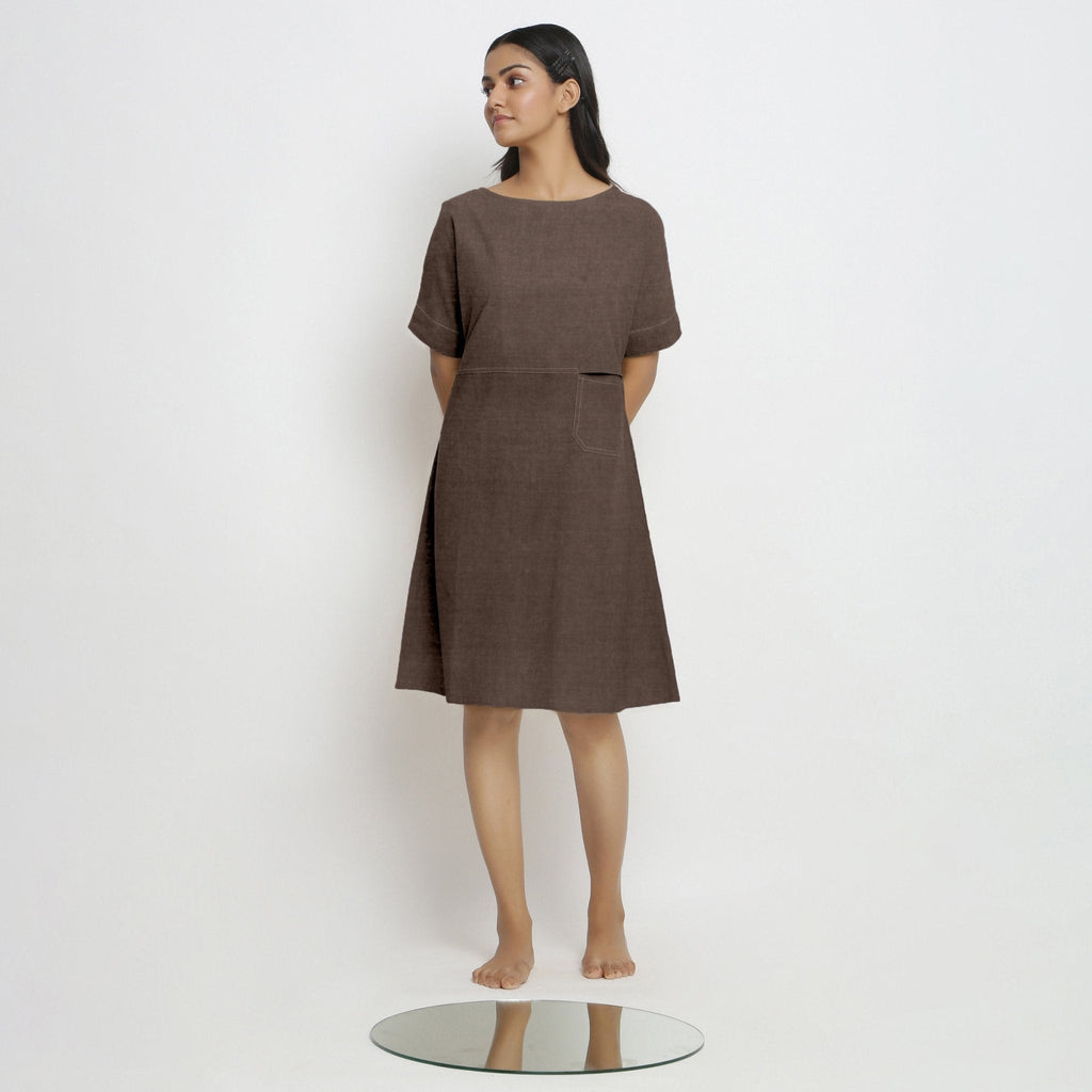 Brown Cotton Linen Yoked Knee Length Shift Dress