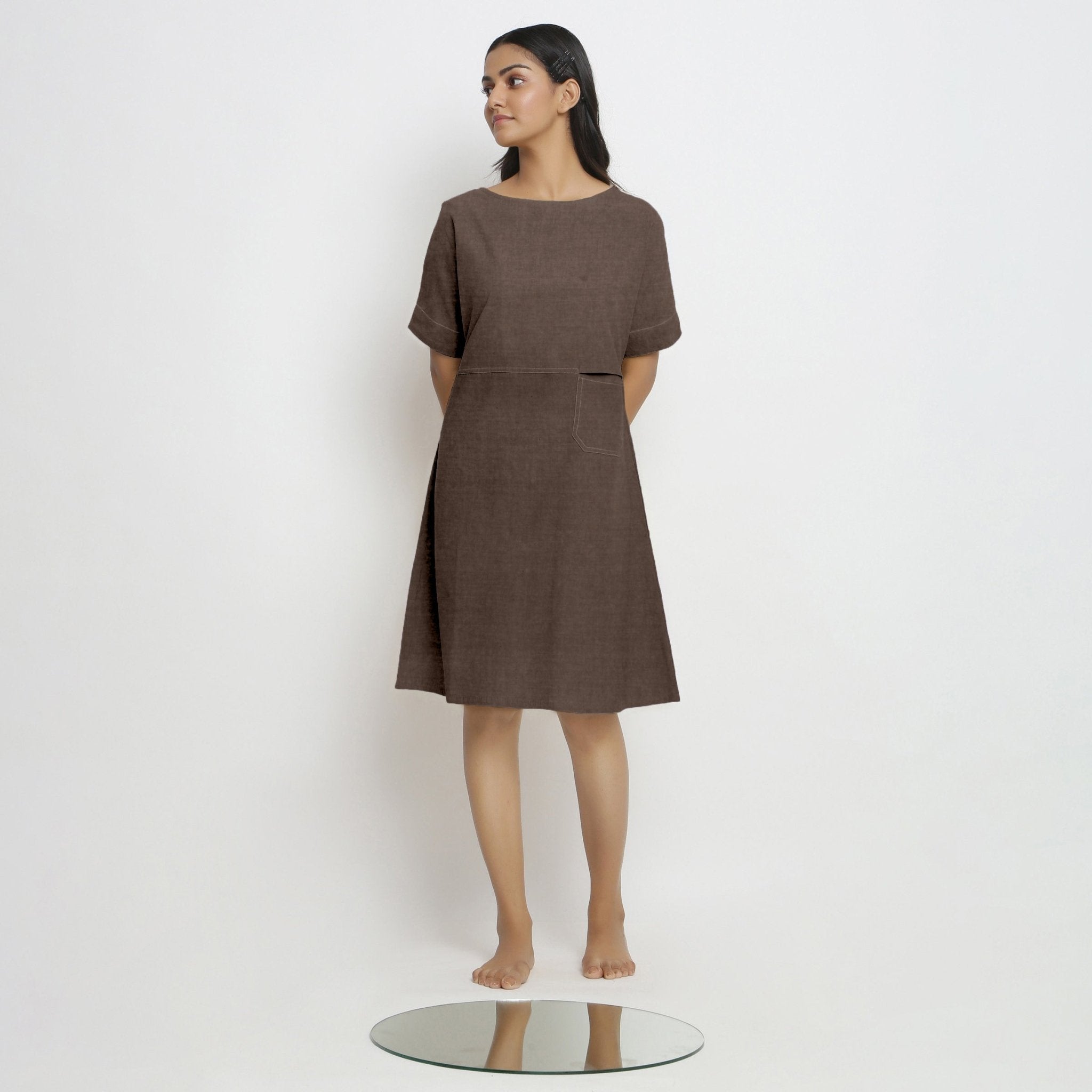 Brown Cotton Linen Yoked Knee Length Shift Dress