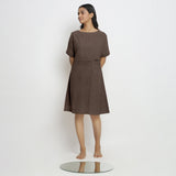 Brown Cotton Linen Yoked Knee Length Shift Dress