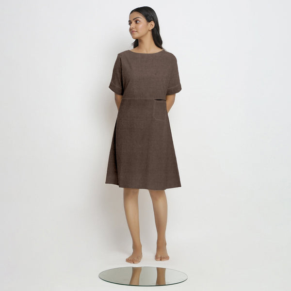 Brown Cotton Linen Yoked Knee Length Shift Dress