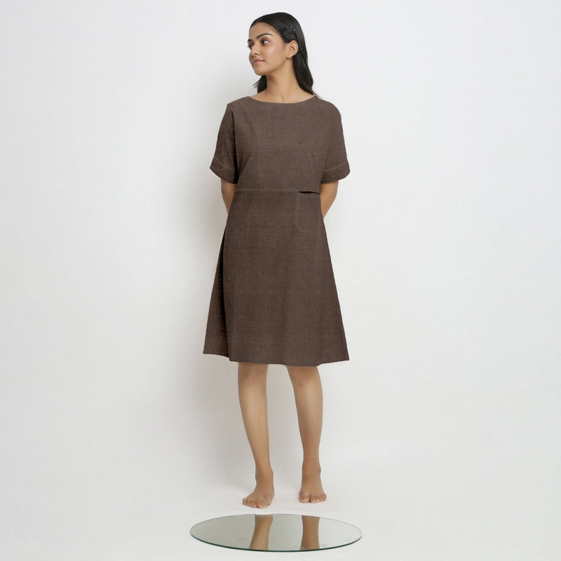 Brown Cotton Linen Yoked Knee Length Shift Dress