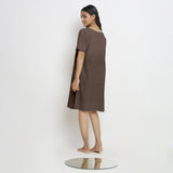 Brown Cotton Linen Yoked Knee Length Shift Dress