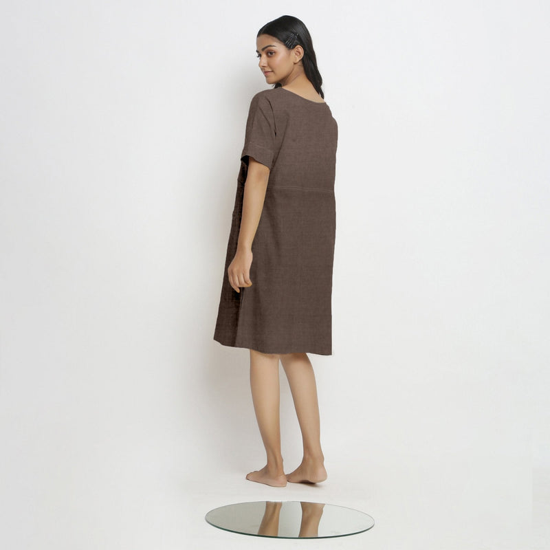 Brown Cotton Linen Yoked Knee Length Shift Dress