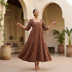 Brown Cotton Waffle Square Neck Tiered Midi Dress
