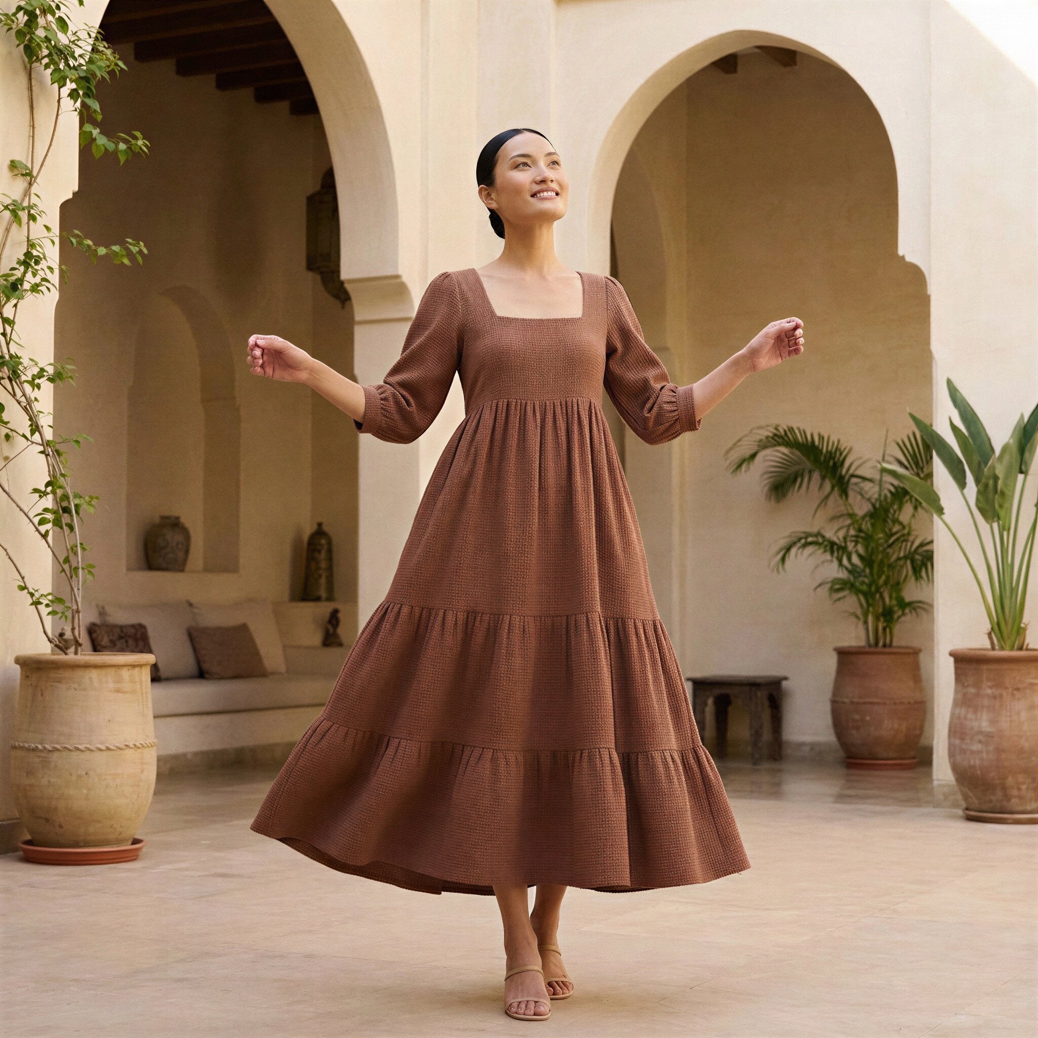 Brown Cotton Waffle Square Neck Tiered Midi Dress