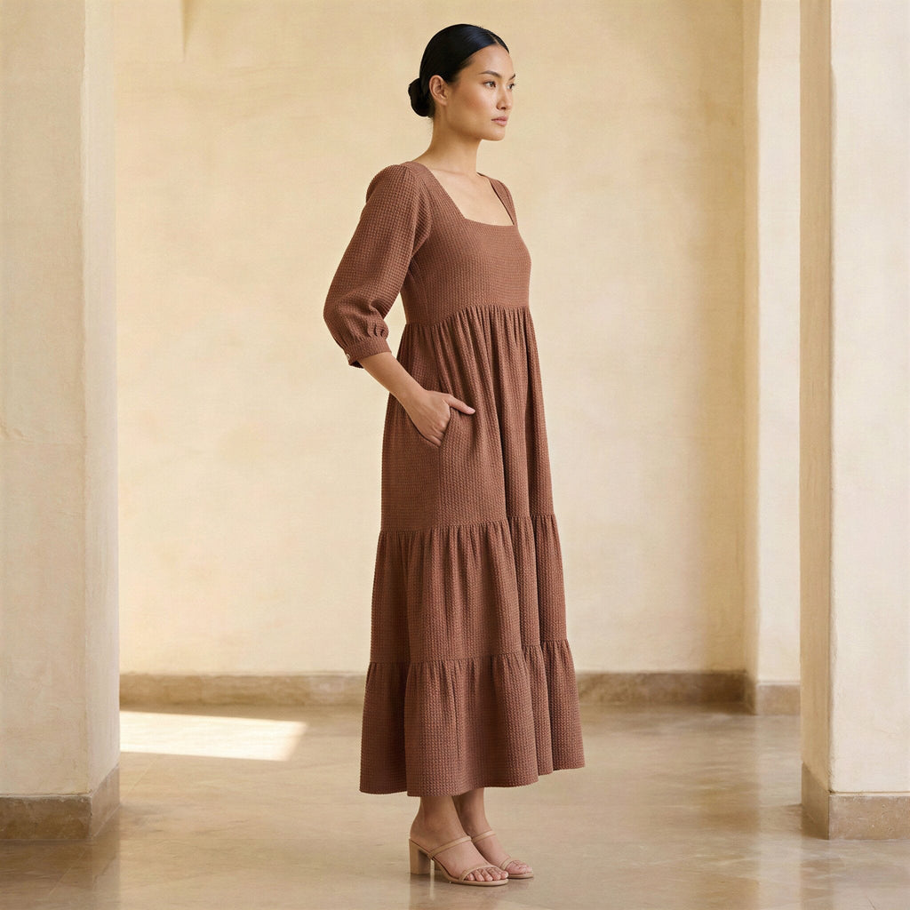 Brown Cotton Waffle Square Neck Tiered Midi Dress