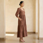 Brown Cotton Waffle Square Neck Tiered Midi Dress