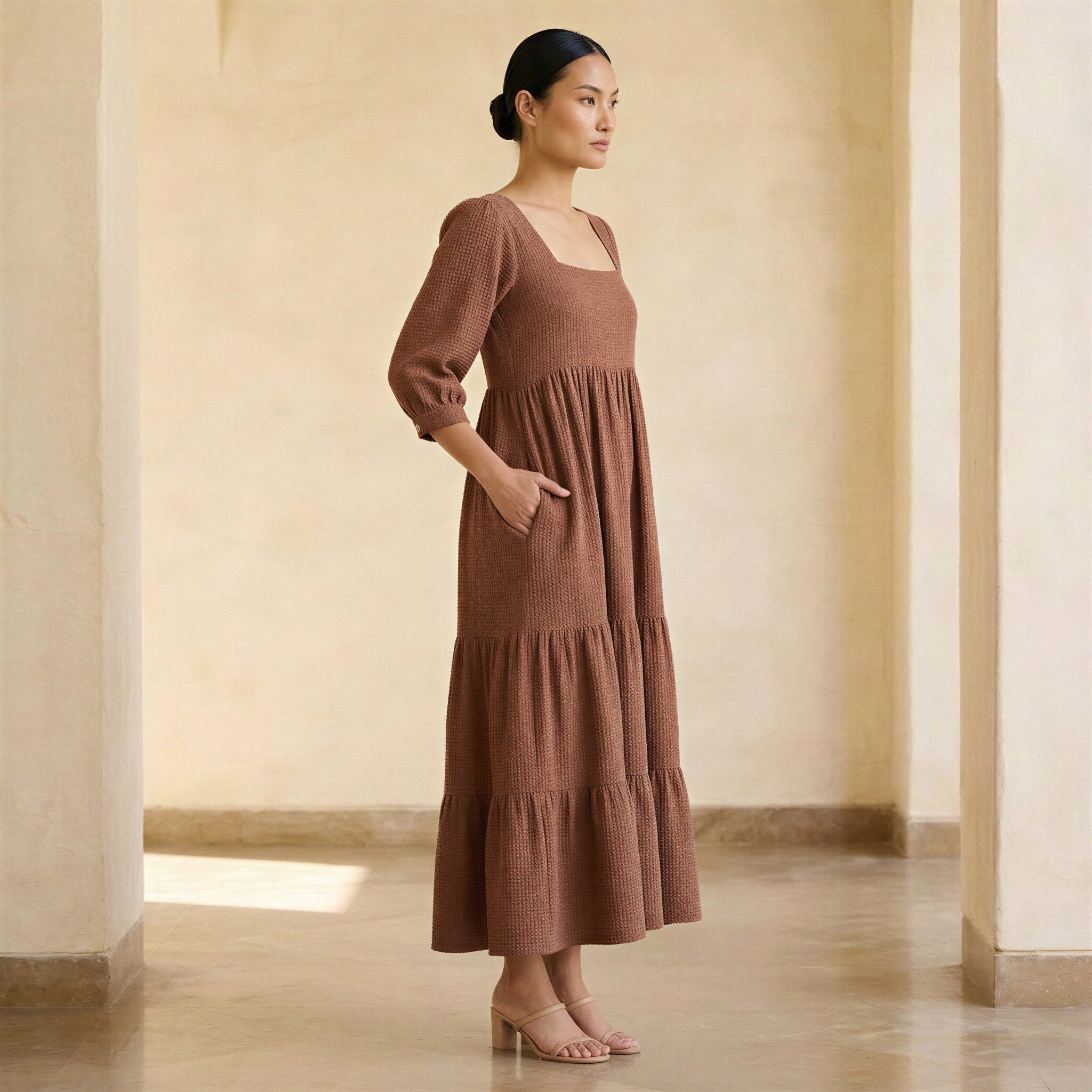 Brown Cotton Waffle Square Neck Tiered Midi Dress