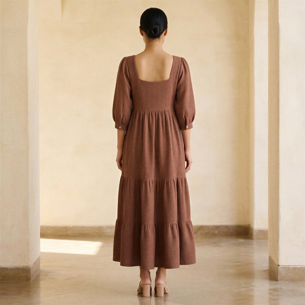 Brown Cotton Waffle Square Neck Tiered Midi Dress